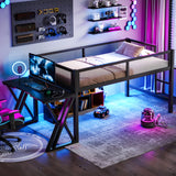 Twin XL Size Gaming Loft Bed with LED Lights, USB Ports, Desk & Safety Mesh Guardrail, Metal Platform Bed, Black