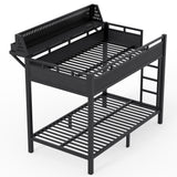 Twin XL over Twin XL Size Metal Bunk Bed with USB Ports, LED Lights, Storage Shelves & Pegboard, Black