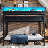 Twin XL over Twin XL Size Metal Bunk Bed with USB Ports, LED Lights, Storage Shelves & Pegboard, Black