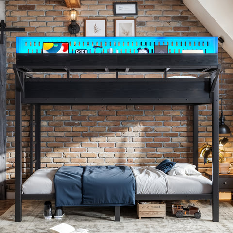 Twin XL over Twin XL Size Metal Bunk Bed with USB Ports, LED Lights, Storage Shelves & Pegboard, Black