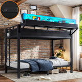 Twin XL over Twin XL Size Metal Bunk Bed with USB Ports, LED Lights, Storage Shelves & Pegboard, Black