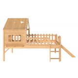 Full Size Loft Bed Kid Playful House Bed with LED Lights, Slide, Star-shaped Designs & Window, Natural