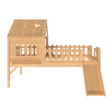 Full Size Loft Bed Kid Playful House Bed with LED Lights, Slide, Star-shaped Designs & Window, Natural