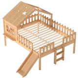 Full Size Loft Bed Kid Playful House Bed with LED Lights, Slide, Star-shaped Designs & Window, Natural