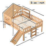 Full Size Loft Bed Kid Playful House Bed with LED Lights, Slide, Star-shaped Designs & Window, Natural
