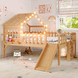 Full Size Loft Bed Kid Playful House Bed with LED Lights, Slide, Star-shaped Designs & Window, Natural