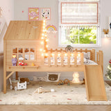 Full Size Loft Bed Kid Playful House Bed with LED Lights, Slide, Star-shaped Designs & Window, Natural