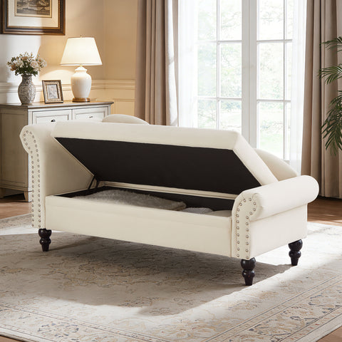 Storage Chaise Lounge with Lumbar Pillow, Velvet Upholstered Sofa Chair Nailhead Accent Chair Ergonomic Leisure Reading Couch, Beige