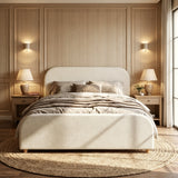 California King Size Upholstered Platform Bed Frame with Soft Padded Curved Headboard, Beige