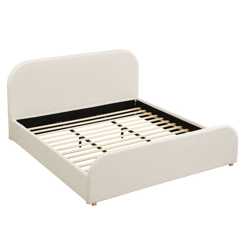 California King Size Upholstered Platform Bed Frame with Soft Padded Curved Headboard, Beige