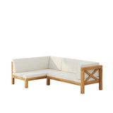 Patio Sectional Sofa Outdoor Corner Sofa Bench Lounge Sofa with Water-repellent Cushion & Weather-Resistant Acacia Wood Frame, Teak+Beige