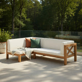 Patio Sectional Sofa Outdoor Corner Sofa Bench Lounge Sofa with Water-repellent Cushion & Weather-Resistant Acacia Wood Frame, Teak+Beige