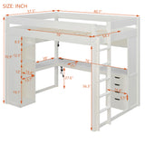 Full Size Loft Bed with L-Shaped Desk, LED Lights, USB Ports, 4 Drawers & Storage Shelves, White