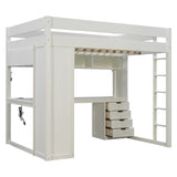 Full Size Loft Bed with L-Shaped Desk, LED Lights, USB Ports, 4 Drawers & Storage Shelves, White
