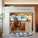 Full Size Loft Bed with L-Shaped Desk, LED Lights, USB Ports, 4 Drawers & Storage Shelves, White