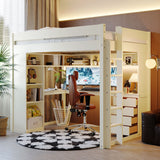 Full Size Loft Bed with L-Shaped Desk, LED Lights, USB Ports, 4 Drawers & Storage Shelves, White