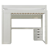 Full Size Loft Bed with L-Shaped Desk, LED Lights, USB Ports, 4 Drawers & Storage Shelves, White