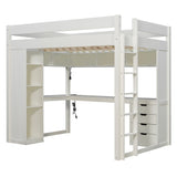 Full Size Loft Bed with L-Shaped Desk, LED Lights, USB Ports, 4 Drawers & Storage Shelves, White