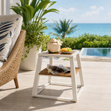 Patio End Table Outdoor Side Table Weather-Resistant Accent Table with Metal Frame & Storage Shelf, White