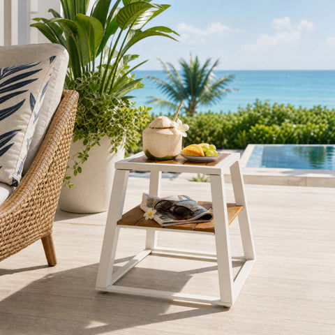 Patio End Table Outdoor Side Table Weather-Resistant Accent Table with Metal Frame & Storage Shelf, White