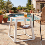 Patio End Table Outdoor Side Table Weather-Resistant Accent Table with Metal Frame & Storage Shelf, White