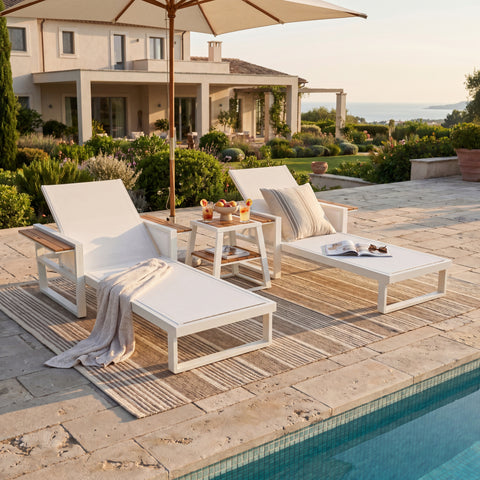 Outdoor Chaise Lounge with 4-Position Adjustable Back & Foldable Armrests, Patio Recliner Lounger Daybed Sunbathing Bed, Teak,White