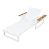 Outdoor Chaise Lounge with 4-Position Adjustable Back & Foldable Armrests, Patio Recliner Lounger Daybed Sunbathing Bed, Teak,White