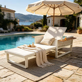 Outdoor Chaise Lounge with 4-Position Adjustable Back & Foldable Armrests, Patio Recliner Lounger Daybed Sunbathing Bed, Teak,White