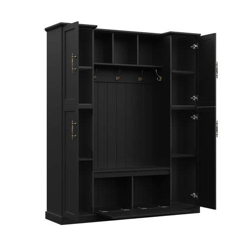 Farmhouse Hall Tree with Storage Bench, Coat Rack with 4 Side Cabinets, Adjustable Shelves, Open Cubbies for Entryway, Living Room