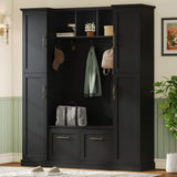 Farmhouse Hall Tree with Storage Bench, Coat Rack with 4 Side Cabinets, Adjustable Shelves, Open Cubbies for Entryway, Living Room