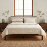 Queen Size Bamboo Platform Bed Frame, Mid-Century Modern Wooden Bed Frame with Soft Linen Upholstered Headboard