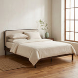Queen Size Bamboo Platform Bed Frame, Mid-Century Modern Wooden Bed Frame with Soft Linen Upholstered Headboard