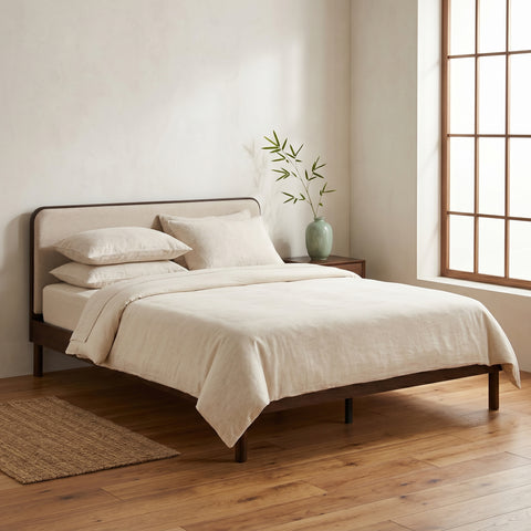 Queen Size Bamboo Platform Bed Frame, Mid-Century Modern Wooden Bed Frame with Soft Linen Upholstered Headboard