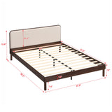 Queen Size Bamboo Platform Bed Frame, Mid-Century Modern Wooden Bed Frame with Soft Linen Upholstered Headboard