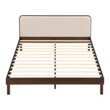 Queen Size Bamboo Platform Bed Frame, Mid-Century Modern Wooden Bed Frame with Soft Linen Upholstered Headboard
