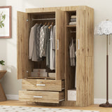 3-Door Armoire Wardrobe Closet, Freestanding Wooden Storage Organizer with 2 Hanging Rods & Drawers for Bedroom