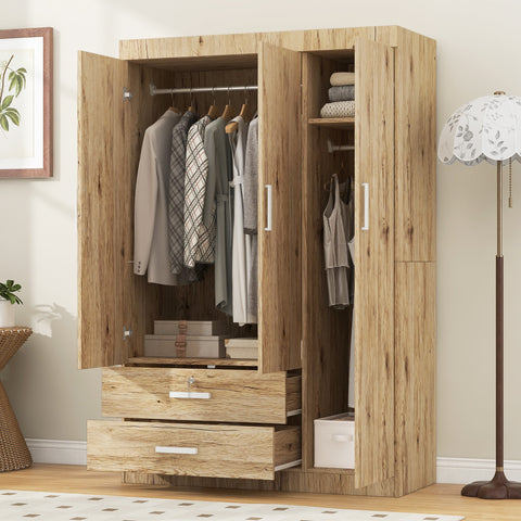 3-Door Armoire Wardrobe Closet, Freestanding Wooden Storage Organizer with 2 Hanging Rods & Drawers for Bedroom