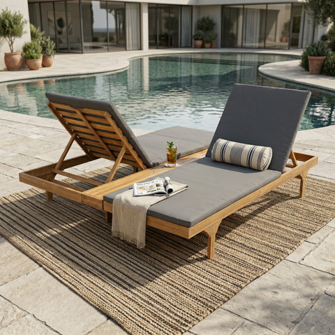 Set of 2 Patio Chaise Lounges with Side Tray, 5-Position Adjustable Outdoor Recliners w/ 1.57" Dark Gray Water-Resistant Cushions