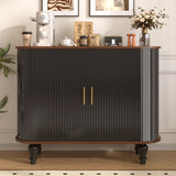 Fluted Liquor & Coffee Bar Cabinet, Mid-Century Modern Sideboard Buffet Table with 6-Bottle Wine Rack, Glass Holders & Drawer