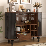 Fluted Liquor & Coffee Bar Cabinet, Mid-Century Modern Sideboard Buffet Table with 6-Bottle Wine Rack, Glass Holders & Drawer