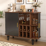 Fluted Liquor & Coffee Bar Cabinet, Mid-Century Modern Sideboard Buffet Table with 6-Bottle Wine Rack, Glass Holders & Drawer