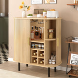 Fluted Wine Bar Cabinet, Mid-Century Modern Coffee Station Buffet Sideboard with 8-Bottle Liquor Storage Rack & Glass Holders
