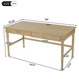 60" Writing Desk with Charging Station, Farmhouse Turned Leg Home Office Desk with 2 Drawers, Vintage Computer Desk