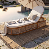 Patio Chaise Lounge Daybed with Water-Resistant Cushion, Teak Finish Outdoor Recliner with Handwoven Brown Rope Detail