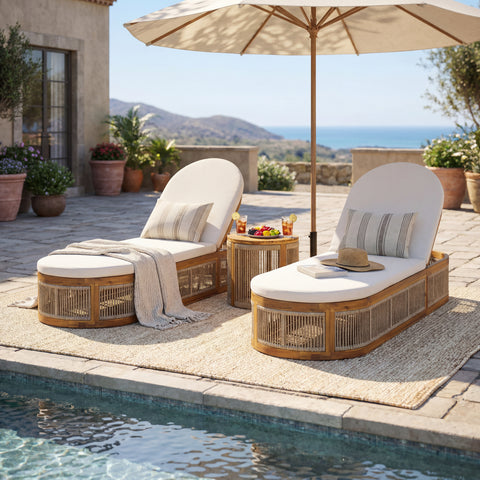 Patio Chaise Lounge Daybed with Water-Resistant Cushion, Teak Finish Outdoor Recliner with Handwoven Brown Rope Detail