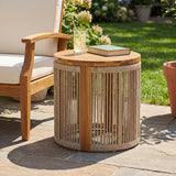18" Acacia Wood Round Side Table, Outdoor Accent Table with Handwoven Brown Rope, Drum End Table for Patio, Poolside