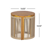 18" Acacia Wood Round Side Table, Outdoor Accent Table with Handwoven Brown Rope, Drum End Table for Patio, Poolside