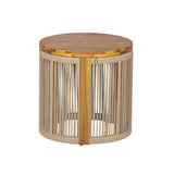 18" Acacia Wood Round Side Table, Outdoor Accent Table with Handwoven Brown Rope, Drum End Table for Patio, Poolside