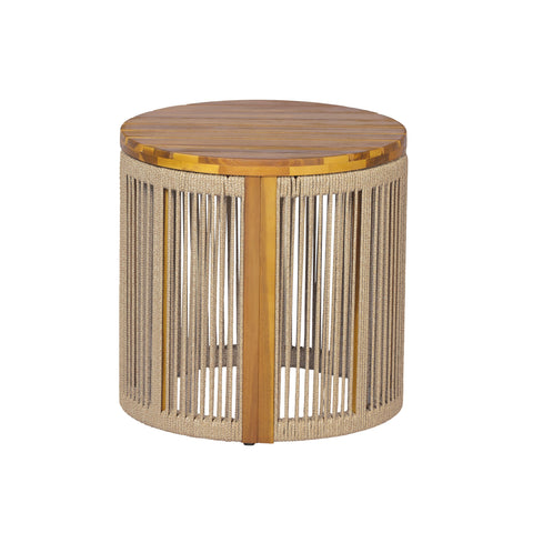 18" Acacia Wood Round Side Table, Outdoor Accent Table with Handwoven Brown Rope, Drum End Table for Patio, Poolside