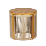 18" Acacia Wood Round Side Table, Outdoor Accent Table with Handwoven Brown Rope, Drum End Table for Patio, Poolside